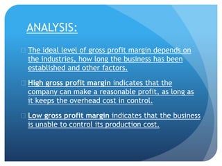 ANALYSIS: 
 The ideal level of gross profit margin depends on 
the industries, how long the business has been 
established and other factors. 
 High gross profit margin indicates that the 
company can make a reasonable profit, as long as 
it keeps the overhead cost in control. 
 Low gross profit margin indicates that the business 
is unable to control its production cost. 
 