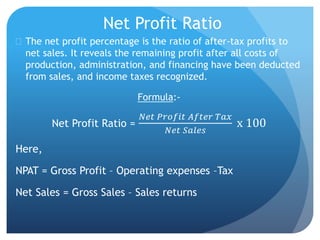 Net Profit Ratio 
 The net profit percentage is the ratio of after-tax profits to 
net sales. It reveals the remaining profit after all costs of 
production, administration, and financing have been deducted 
from sales, and income taxes recognized. 
Formula:- 
Net Profit Ratio = 
푁푒푡 푃푟표푓푖푡 퐴푓푡푒푟 푇푎푥 
푁푒푡 푆푎푙푒푠 
x 100 
Here, 
NPAT = Gross Profit – Operating expenses –Tax 
Net Sales = Gross Sales – Sales returns 
 
