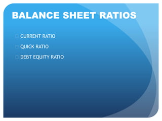 BALANCE SHEET RATIOS 
 CURRENT RATIO 
 QUICK RATIO 
 DEBT EQUITY RATIO 
 