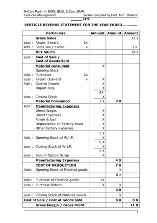 M-Com Part – II, MMS, BMS, B.Com, BMM
Financial Management                 Notes compiled by Prof. M.B. Thakoor
                              _____ Ltd.
VERTICLE REVENUE STATEMENT FOR THE YEAR ENDED ………….

              Particulars                    Amount Amount Amount
       Gross Sales                                                  22 x
Less : Return Inward                    2x
Add. : Sales Tax / Excise                x                           3x
        NET SALES                                                   19 x
Less : Cost of Sale /
       Cost of Goods Sold
       Material consumed                          X
       Opening Stock
Add. : Purchases                        2x
Less : Return Outward                    x        X
Add : Carried Inward                              X
       Import duty                                X
                                                4X
Less : Closing Stock                              X
       Material Consumed                        3X        3X
Add :   Manufacturing Expenses
        Direct Wages                              X
        Direct Expenses                           X
        Power & fuel                              X
        Depreciation on Factory Asset             X
        Other Factory expenses                    X
                                                5X
Add. : Opening Stock of W.I.P.                   X
                                                6X
Less : Closing Stock of W.I.P.                   X
                                                5X
Less : Sale of factory Scrap                     X
        Manufacturing Expenses                            4X
        COST OF PRODUCTION                                7X
Add.:   Opening Stock of Finished goods                    X
                                                           8X
Add.:   Purchase of Finished goods               2X
Less : Purchase Return                            X          X
                                                          9X
Less : Closing Stock of Finished Goods                       X
Cost of Sale / Cost of Goods Sold                         8X         8X
        Gross Margin / Gross Profit                                 11 X

                                                                        1
 