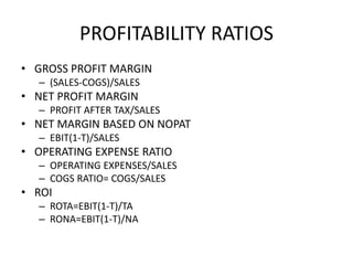 PROFITABILITY RATIOS
• GROSS PROFIT MARGIN
– (SALES-COGS)/SALES
• NET PROFIT MARGIN
– PROFIT AFTER TAX/SALES
• NET MARGIN BASED ON NOPAT
– EBIT(1-T)/SALES
• OPERATING EXPENSE RATIO
– OPERATING EXPENSES/SALES
– COGS RATIO= COGS/SALES
• ROI
– ROTA=EBIT(1-T)/TA
– RONA=EBIT(1-T)/NA
 