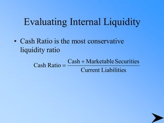 Evaluating Internal Liquidity
• Cash Ratio is the most conservative
liquidity ratio
s
Liabilitie
Current
Securities
Marketable
Cash
Ratio
Cash
+
=
 