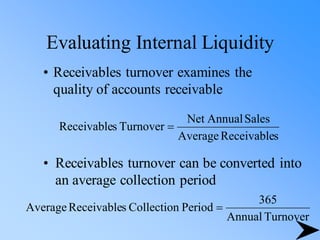 Evaluating Internal Liquidity
• Receivables turnover examines the
quality of accounts receivable
s
Receivable
Average
Sales
Annual
Net
Turnover
s
Receivable =
• Receivables turnover can be converted into
an average collection period
Turnover
Annual
365
Period
Collection
s
Receivable
Average =
 