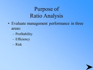 Purpose of
Ratio Analysis
• Evaluate management performance in three
areas:
– Profitability
– Efficiency
– Risk
 