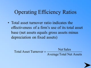 Operating Efficiency Ratios
• Total asset turnover ratio indicates the
effectiveness of a firm’s use of its total asset
base (net assets equals gross assets minus
depreciation on fixed assets)
Assets
Net
Total
Average
Sales
Net
Turnover
Asset
Total =
 