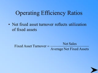 Operating Efficiency Ratios
• Net fixed asset turnover reflects utilization
of fixed assets
Assets
Fixed
Net
Average
Sales
Net
Turnover
Asset
Fixed =
 