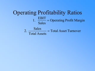 Operating Profitability Ratios
Margin
Profit
Operating
Sales
EBIT
.
1 =
Turnover
Asset
Total
Assets
Total
Sales
.
2 =
 