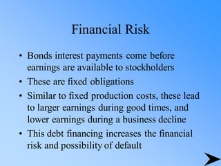 Financial Risk
• Bonds interest payments come before
earnings are available to stockholders
• These are fixed obligations
• Similar to fixed production costs, these lead
to larger earnings during good times, and
lower earnings during a business decline
• This debt financing increases the financial
risk and possibility of default
 