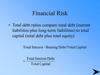 Financial Risk
• Total debt ratios compare total debt (current
liabilities plus long-term liabilities) to total
capital (total debt plus total equity)
Capital
Total
Debt
Interest
Total
Capital
Debt/Total
Bearing
-
Interest
Total
=
 