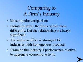 Comparing to
A Firm’s Industry
• Most popular comparison
• Industries affect the firms within them
differently, but the relationship is always
significant
• The industry effect is strongest for
industries with homogenous products
• Examine the industry’s performance relative
to aggregate economic activity
 