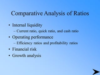 Comparative Analysis of Ratios
• Internal liquidity
– Current ratio, quick ratio, and cash ratio
• Operating performance
– Efficiency ratios and profitability ratios
• Financial risk
• Growth analysis
 