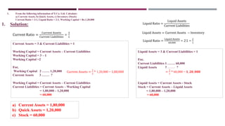 1. From the following information of X Co. Ltd. Calculate:
a) Current Assets, b) Quick Assets, c) Inventory (Stock)
Current Ratio = 3:1, Liquid Ratio = 2:1, Working Capital = Rs.1,20,000
Current Ratio =
Current Assets
Current Liabilities
=
3
1
1. Solution:
Current Assets = 3 & Current Liabilities = 1
Working Capital = Current Assets – Current Liabilities
Working Capital = 3 – 1
Working Capital =2
For,
Working Capital 2 ……. 1,20,000
Current Assets 3 ……. ?
Working Capital = Current Assets – Current Liabilities
Current Liabilities = Current Assets – Working Capital
= 1,80,000 – 1,20,000
= 60,000
Liquid Ratio =
Liquid Assets
Current Liabilities
Liquid Assets = Current Assets − Inventory
Current Assets =
3
2
* 1,20,000 = 1,80,000
Liquid Ratio =
Liquid Assets
60,000
= 2:1 =
2
1
Liquid Assets = 3 & Current Liabilities = 1
For,
Current Liabilities 1 ……. 60,000
Liquid Assets 2 ……. ?
Liquid Assets = Current Assets - Stock
Stock = Current Assets – Liquid Assets
= 1,80,000 – 1,20,000
= 60,000
=
2
1
* 60,000 = 𝟏, 𝟐𝟎, 𝟎𝟎𝟎
a) Current Assets = 1,80,000
b) Quick Assets = 1,20,000
c) Stock = 60,000
 
