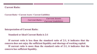 Current Ratio:
Current Ratio = Current Assets / Current Liabilities
Interpretation of Current Ratio:
Standard or Ideal Current Ratio is 2:1
If current ratio is less than the standard ratio of 2:1, it indicates that the
concern does not enjoy the sufficient liquidity and shortage of working capital.
If current ratio is more than the standard ratio of 2:1, it indicates that the
concern has sufficient liquidity.
𝑪𝒖𝒓𝒓𝒆𝒏𝒕 𝑹𝒂𝒕𝒊𝒐 =
𝑪𝒖𝒓𝒓𝒆𝒏𝒕 𝑨𝒔𝒔𝒆𝒕𝒔
𝑪𝒖𝒓𝒓𝒆𝒏𝒕 𝑳𝒊𝒂𝒃𝒊𝒍𝒊𝒕𝒊𝒆𝒔
 