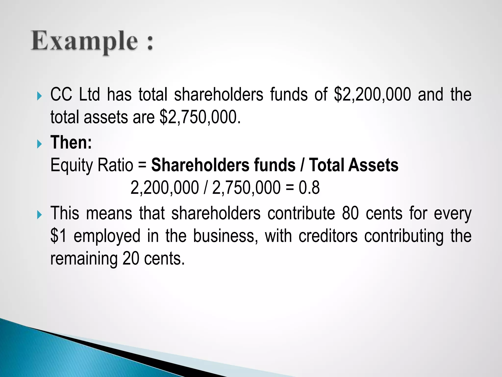  CC Ltd has total shareholders funds of $2,200,000 and the
total assets are $2,750,000.
 Then:
Equity Ratio = Shareholders funds / Total Assets
2,200,000 / 2,750,000 = 0.8
 This means that shareholders contribute 80 cents for every
$1 employed in the business, with creditors contributing the
remaining 20 cents.
 