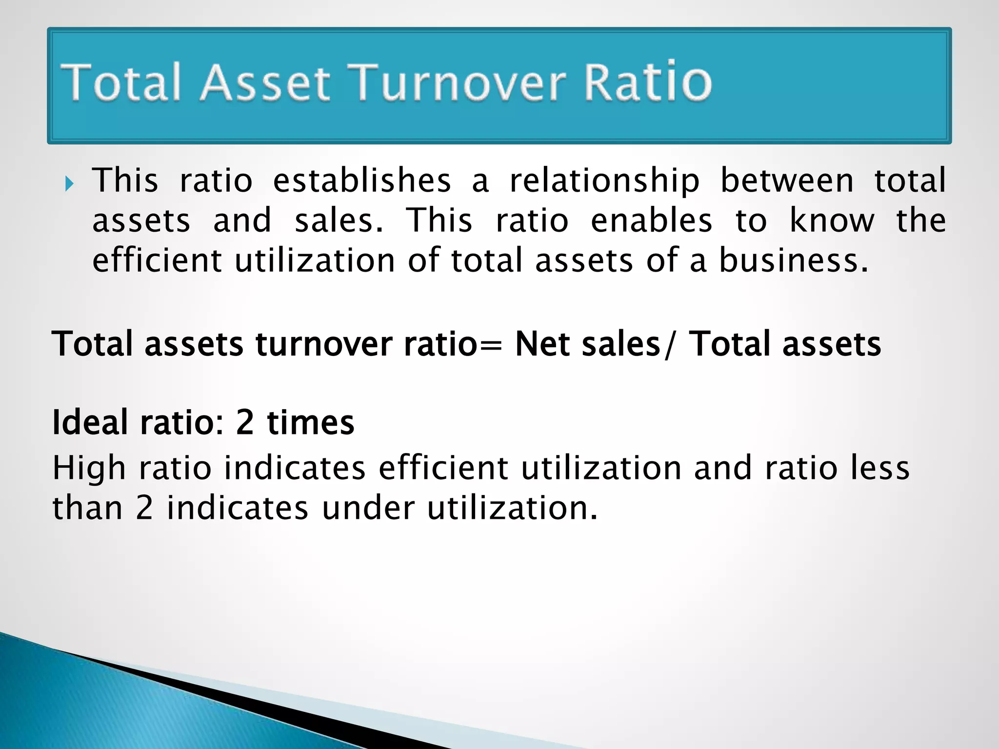  This ratio establishes a relationship between total
assets and sales. This ratio enables to know the
efficient utilization of total assets of a business.
Total assets turnover ratio= Net sales/ Total assets
Ideal ratio: 2 times
High ratio indicates efficient utilization and ratio less
than 2 indicates under utilization.
 