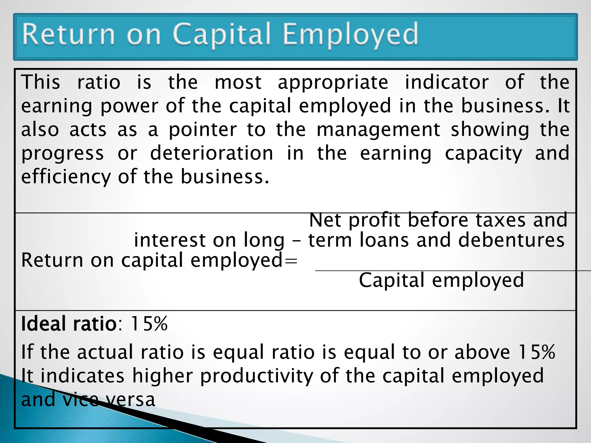 This ratio is the most appropriate indicator of the
earning power of the capital employed in the business. It
also acts as a pointer to the management showing the
progress or deterioration in the earning capacity and
efficiency of the business.
Net profit before taxes and
interest on long – term loans and debentures
Return on capital employed=
Capital employed
Ideal ratio: 15%
If the actual ratio is equal ratio is equal to or above 15%
It indicates higher productivity of the capital employed
and vice versa
 