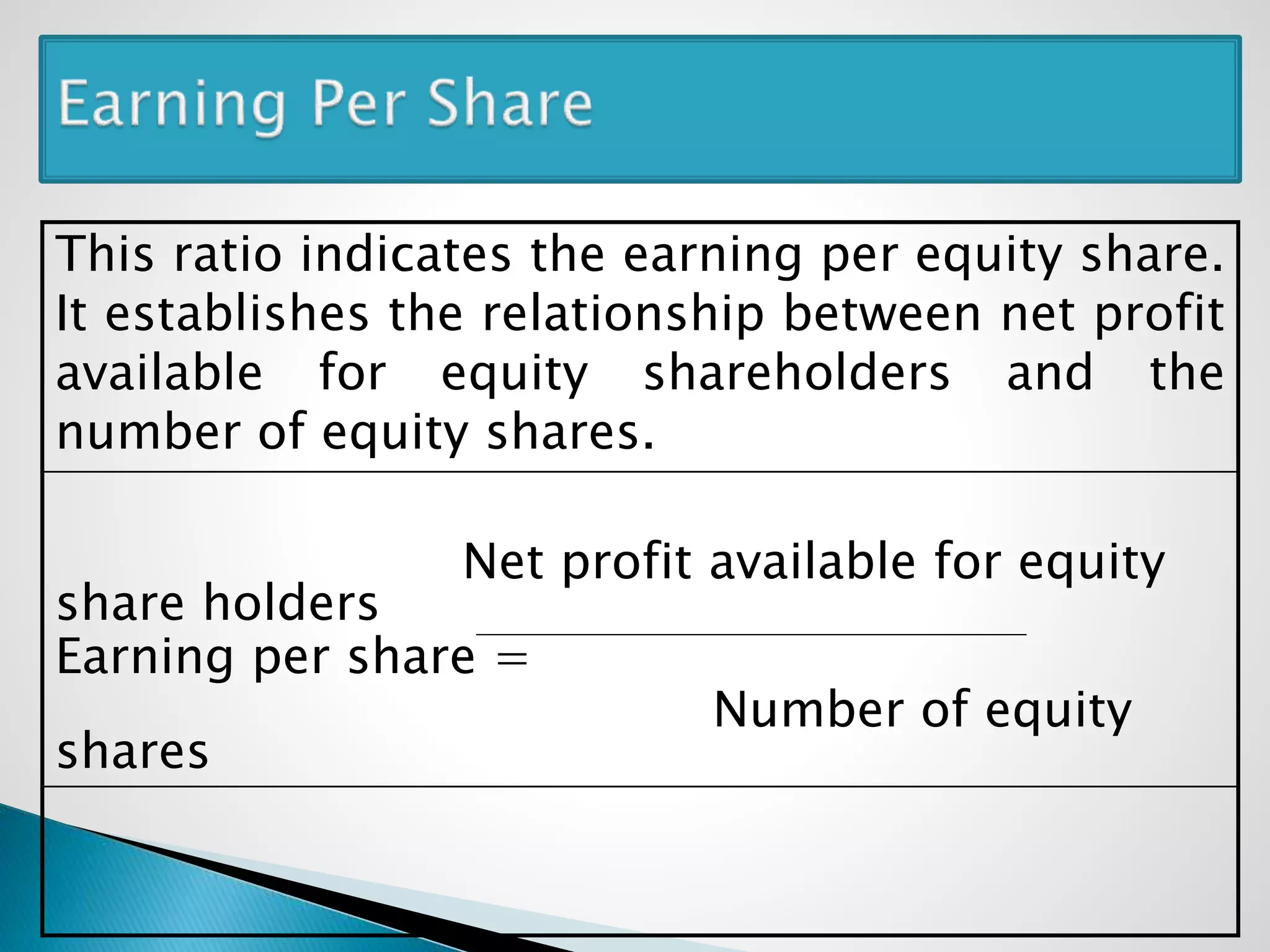 This ratio indicates the earning per equity share.
It establishes the relationship between net profit
available for equity shareholders and the
number of equity shares.
Net profit available for equity
share holders
Earning per share =
Number of equity
shares
 