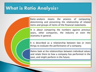 Ratio-analysis means the process of computing,
determining and presenting the relationship of related
items and groups of items of the financial statements.
It is about comparing the numbers against previous
years, other companies, the industry or even the
economy in general.
It is described as a relationship between two or more
things to evaluate the performance of a company.
Ratios look at the relationships between individual values
and relate them to how a company has performed in the
past, and might perform in the future.
 