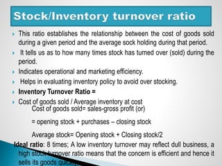 This ratio establishes the relationship between the cost of goods sold
during a given period and the average sock holding during that period.
 It tells us as to how many times stock has turned over (sold) during the
period.
 Indicates operational and marketing efficiency.
 Helps in evaluating inventory policy to avoid over stocking.
 Inventory Turnover Ratio =
 Cost of goods sold / Average inventory at cost
Cost of goods sold= sales-gross profit (or)
= opening stock + purchases – closing stock
Average stock= Opening stock + Closing stock/2
Ideal ratio: 8 times; A low inventory turnover may reflect dull business, a
high stock turnover ratio means that the concern is efficient and hence it
sells its goods quickly.
 