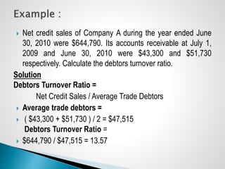  Net credit sales of Company A during the year ended June
30, 2010 were $644,790. Its accounts receivable at July 1,
2009 and June 30, 2010 were $43,300 and $51,730
respectively. Calculate the debtors turnover ratio.
Solution
Debtors Turnover Ratio =
Net Credit Sales / Average Trade Debtors
 Average trade debtors =
 ( $43,300 + $51,730 ) / 2 = $47,515
Debtors Turnover Ratio =
 $644,790 / $47,515 = 13.57
 