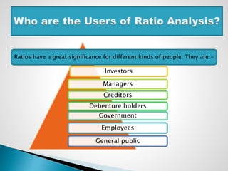 Ratios have a great significance for different kinds of people. They are:-
Investors
Managers
Creditors
Debenture holders
Government
Employees
General public
 