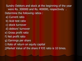 Sundry Debtors and stock at the beginning of the year
were Rs. 300000 and Rs. 400000, respectively .
Determine the following ratios :
a) Current ratio
b) Acid test ratio
c) stock turnover
d) debtors’ turnover
e) Gross profit ratio
f) Net profit ratio
g) Earnings per share
i) Rate of return on equity capital
j)Market Value of the share if P/E ratio is 10 times.
 