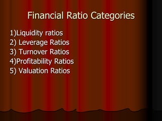 Financial Ratio Categories
1)Liquidity ratios
2) Leverage Ratios
3) Turnover Ratios
4)Profitability Ratios
5) Valuation Ratios
 