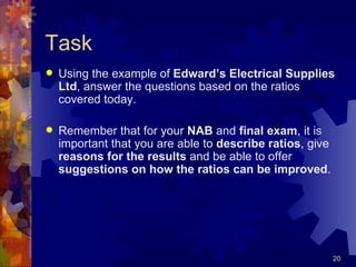 Task Using the example of  Edward’s Electrical Supplies Ltd , answer the questions based on the ratios covered today. Remember that for your  NAB  and  final exam , it is important that you are able to  describe   ratios , give  reasons   for the results  and be able to offer  suggestions on how the ratios can be improved . 
