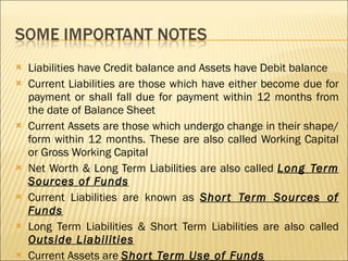 Liabilities have Credit balance and Assets have Debit balance Current Liabilities are those which have either become due for payment or shall fall due for payment within 12 months from the date of Balance Sheet Current Assets are those which undergo change in their shape/form within 12 months. These are also called Working Capital or Gross Working Capital Net Worth & Long Term Liabilities are also called  Long Term Sources of Funds Current Liabilities are known as  Short Term Sources of Funds Long Term Liabilities & Short Term Liabilities are also called  Outside Liabilities Current Assets are  Short Term Use of Funds 