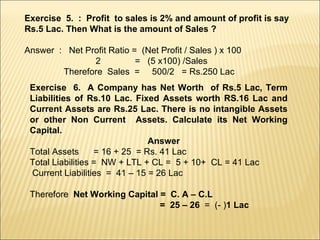 Exercise  5.  :  Profit  to sales is 2% and amount of profit is say Rs.5 Lac. Then What is the amount of Sales ? Answer  :  Net Profit Ratio =  (Net Profit / Sales ) x 100 2  =  (5 x100) /Sales Therefore  Sales  =  500/2  = Rs.250 Lac Exercise  6.  A Company has Net Worth  of Rs.5 Lac, Term Liabilities of Rs.10 Lac. Fixed Assets worth RS.16 Lac and Current Assets are Rs.25 Lac. There is no intangible Assets or other Non Current  Assets. Calculate its Net Working Capital. Answer Total Assets  = 16 + 25  = Rs. 41 Lac Total Liabilities =  NW + LTL + CL =  5 + 10+  CL = 41 Lac Current Liabilities  =  41 – 15 = 26 Lac Therefore  Net Working Capital =  C. A – C.L  =  25 – 26  =  (- ) 1 Lac  