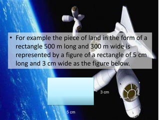 For example the piece of land in the form of a rectangle 500 m long and 300 m wide is represented by a figure of a rectangle of 5 cm long and 3 cm wide as the figure below.3 cm5 cm