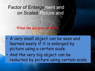 Factor of Enlargement and Reduction on Scaled Picture and ModelWhat the purpose of this?A very small object can be seen and learned easily if it is enlarged by picture using a certain scale.And the very big object can be reducted by picture using certain scale