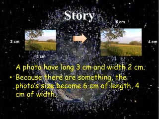 Story6 cm2 cm4 cm3 cm	A photo have long 3 cm and width 2 cm.Because there are something, the photo’s size become 6 cm of length, 4 cm of width. 