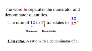 The word to separates the numerator and
denominator quantities.
The ratio of 12 to 17 translates to
12
17
.
Numerator Denominator
Unit ratio: A ratio with a denominator of 1.
 