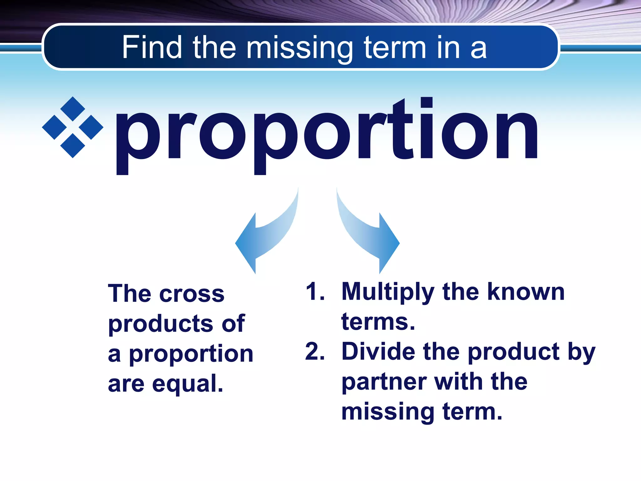 Find the missing term in a 
proportion 
1. Multiply the known 
terms. 
2. Divide the product by 
partner with the 
missing term. 
The cross 
products of 
a proportion 
are equal. 
 