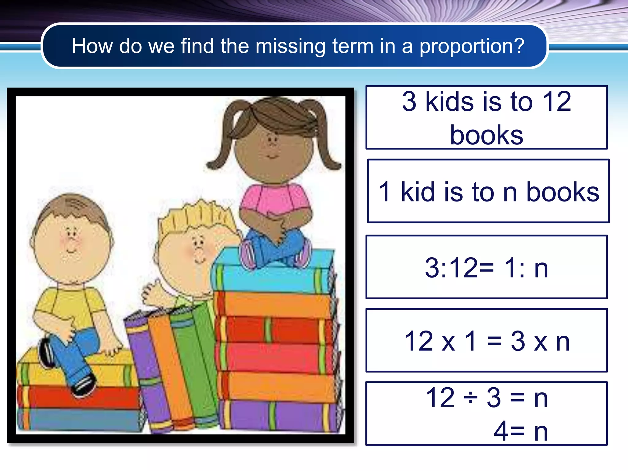 How do we find the missing term in a proportion? 
3 kids is to 12 
books 
1 kid is to n books 
3:12= 1: n 
12 x 1 = 3 x n 
12 ÷ 3 = n 
4= n 
 