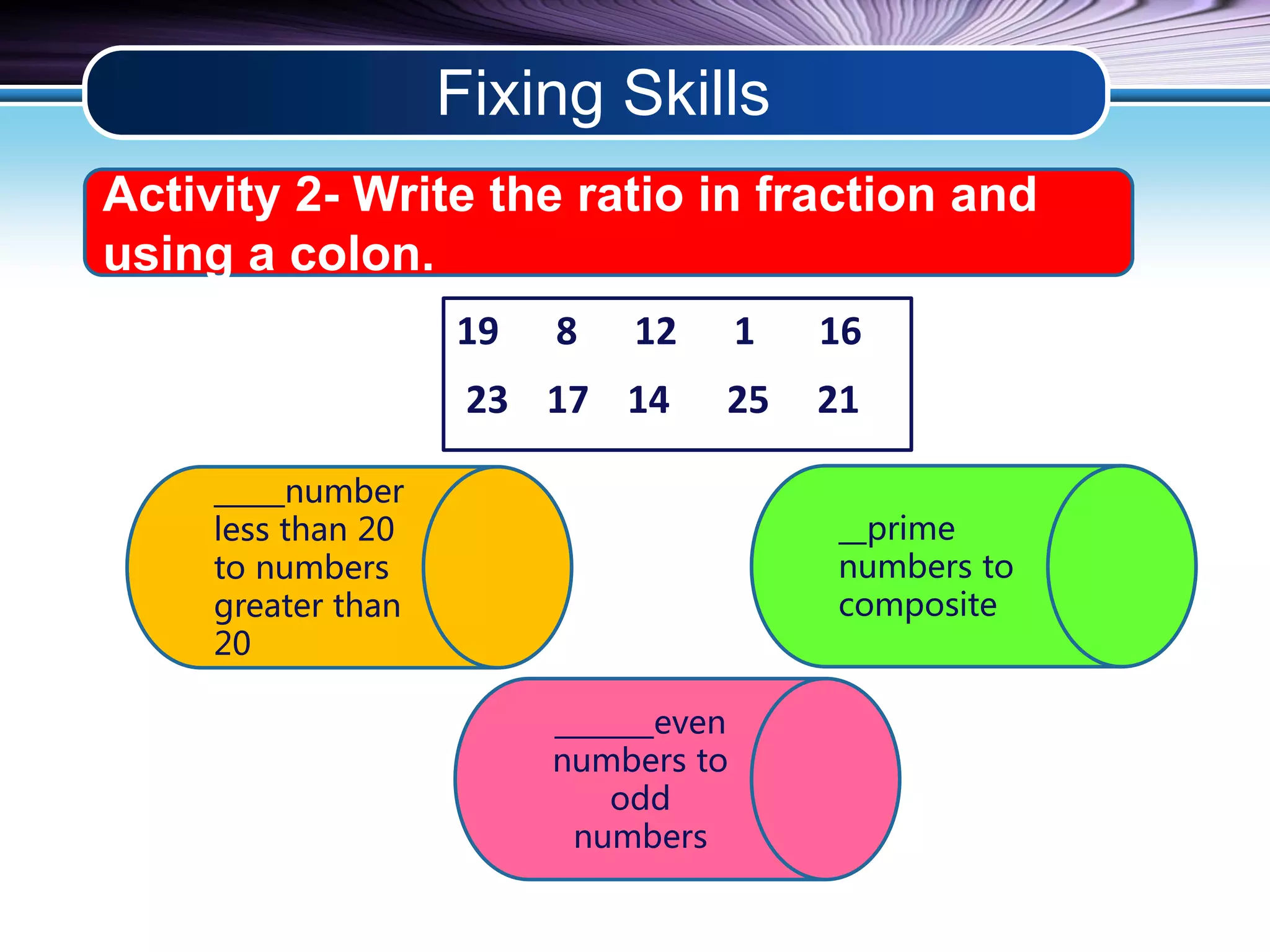 Fixing Skills 
Activity 2- Write the ratio in fraction and 
using a colon. 
19 8 12 1 16 
23 17 14 25 21 
_______even 
numbers to 
odd 
numbers 
__prime 
numbers to 
composite 
_____number 
less than 20 
to numbers 
greater than 
20 
 
