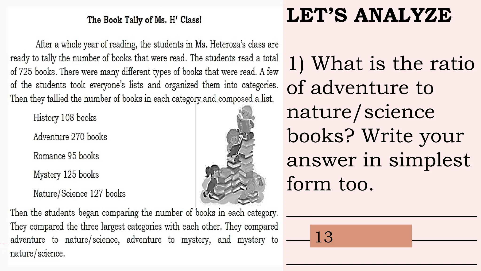 LET’S ANALYZE
1) What is the ratio
of adventure to
nature/science
books? Write your
answer in simplest
form too.
___________________
___________________
___________________
13
 