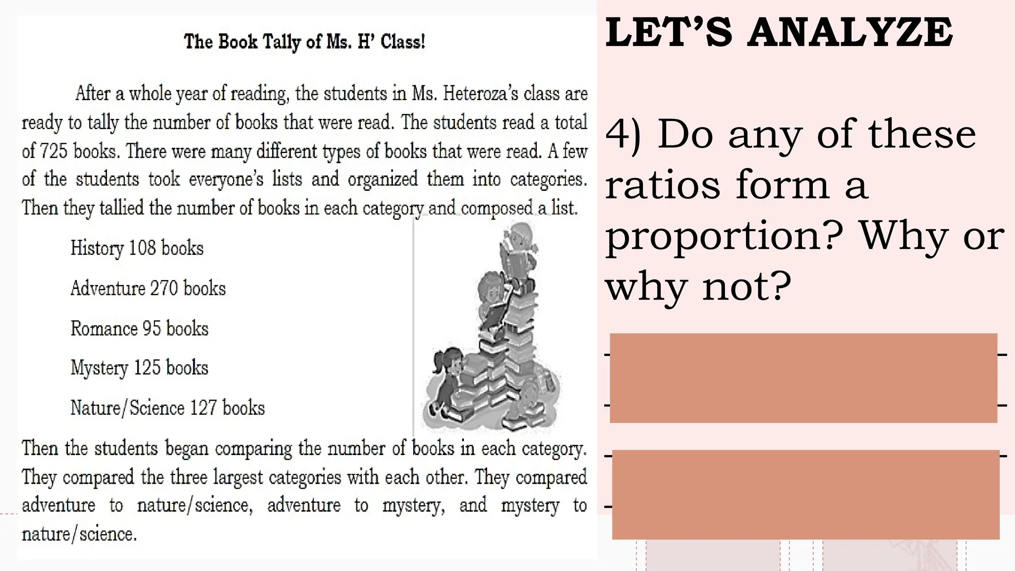 LET’S ANALYZE
4) Do any of these
ratios form a
proportion? Why or
why not?
___________________
___________________
___________________
_______________
 