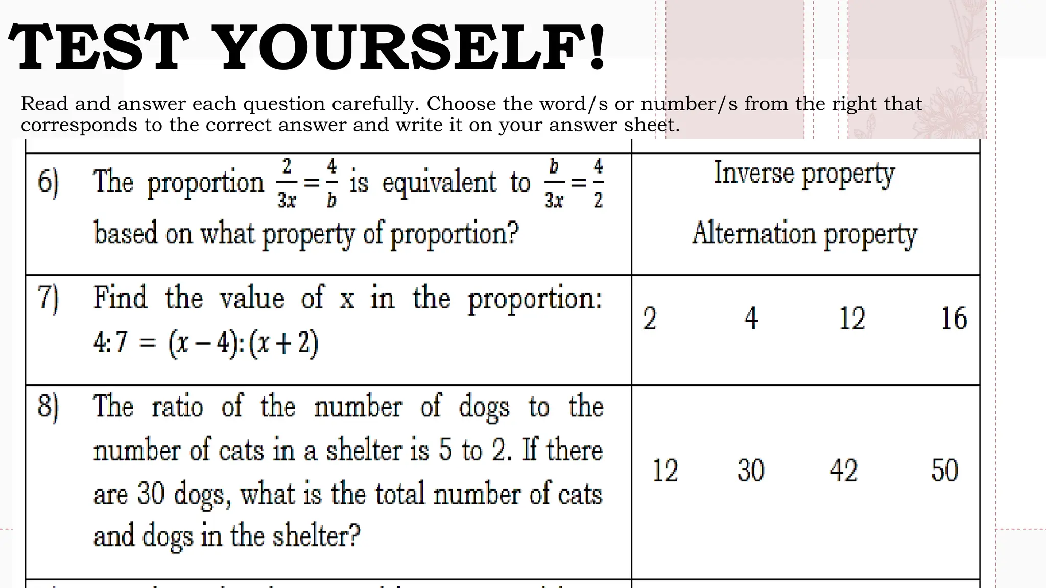Read and answer each question carefully. Choose the word/s or number/s from the right that
corresponds to the correct answer and write it on your answer sheet.
TEST YOURSELF!
 
