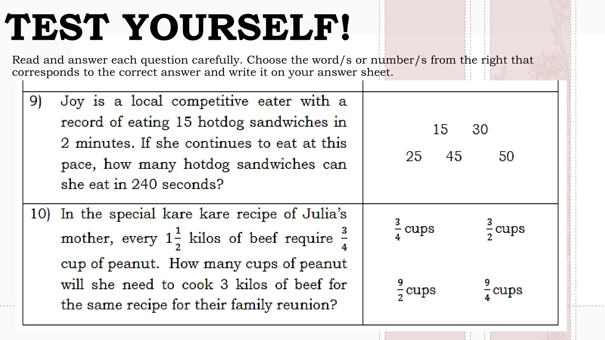 Read and answer each question carefully. Choose the word/s or number/s from the right that
corresponds to the correct answer and write it on your answer sheet.
TEST YOURSELF!
 
