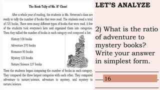 LET’S ANALYZE
2) What is the ratio
of adventure to
mystery books?
Write your answer
in simplest form.
___________________
___________________
___________________
16
 