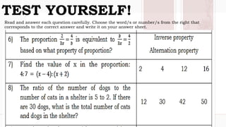 Read and answer each question carefully. Choose the word/s or number/s from the right that
corresponds to the correct answer and write it on your answer sheet.
TEST YOURSELF!
 