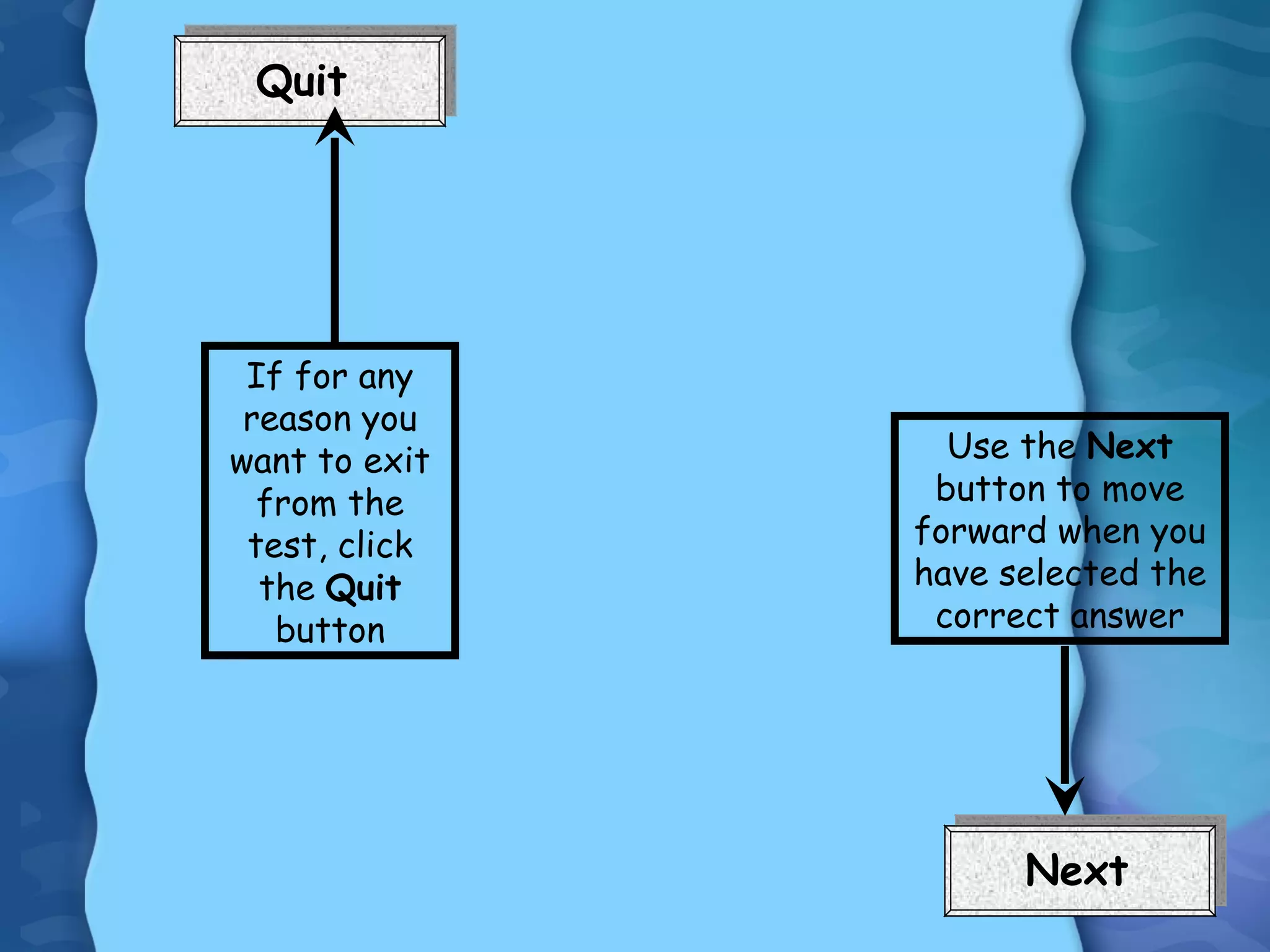 If for any reason you want to exit from the test, click the  Quit  button Use the  Next  button to move forward when you have selected the correct answer 