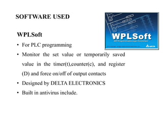 SOFTWARE USED
WPLSoft
• For PLC programming
• Monitor the set value or temporarily saved
value in the timer(t),counter(c), and register
(D) and force on/off of output contacts
• Designed by DELTA ELECTRONICS
• Built in antivirus include.
 