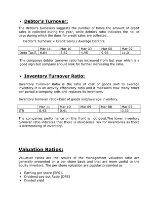 Debtor’s Turnover:
The debtor’s turnovers suggests the number of times the amount of credit
sales is collected during the year, while debtors ratio indicates the no. of
days during which the dues for credit sales are collected.
   Debtor’s Turnover = Credit Sales / Average Debtors.

               Mar 11       Mar 10      Mar 09        Mar 08       Mar 07
Debt Tur.R     6.64         5.62        4.95          9.96         11.0

The companys debtor turnover ratio has increased from last year which is a
good sign but company should look for further increasing the ratio.


      Inventory Turnover Ratio:
Inventory Turnover Ratio is the ratio of cost of goods sold to average
inventory.It is an activity efficeiency ratio and it measures how many times
per period a company sells and replaces its inventory.

Inventory turnover ratio=Cost of goods sold/average inventory.

               Mar 11      Mar 10       Mar 09       Mar 08        Mar 07
ITR            0.42        0.41                                    0.33

The companies performance on this front is not good.The lower inventory
turnover ratio indicates that there is obolosence risk for inventories as there
is overstocking of inventory.




Valuation Ratios:
Valuation ratios are the results of the management valuation ratio are
generally presented on a per share basis and that are more useful to the
equity invertors. The per share valuation are popular presented as

      Earning per share (EPS).
      Dividend pay out Ratio (DPS)
      Divided yield
 