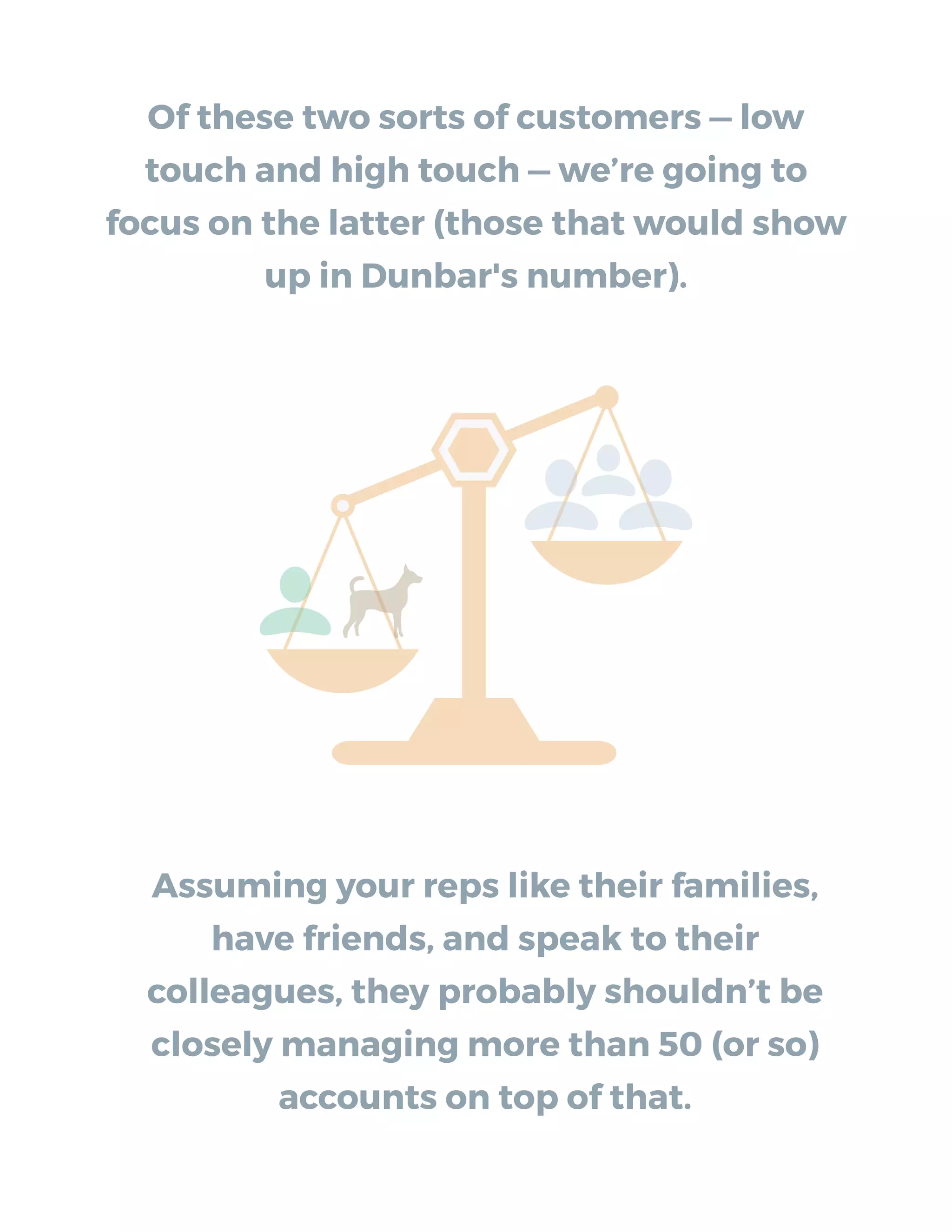 Of these two sorts of customers — low
touch and high touch — we’re going to
focus on the latter (those that would show
up in Dunbar's number).
Assuming your reps like their families,
have friends, and speak to their
colleagues, they probably shouldn’t be
closely managing more than 50 (or so)
accounts on top of that.
 