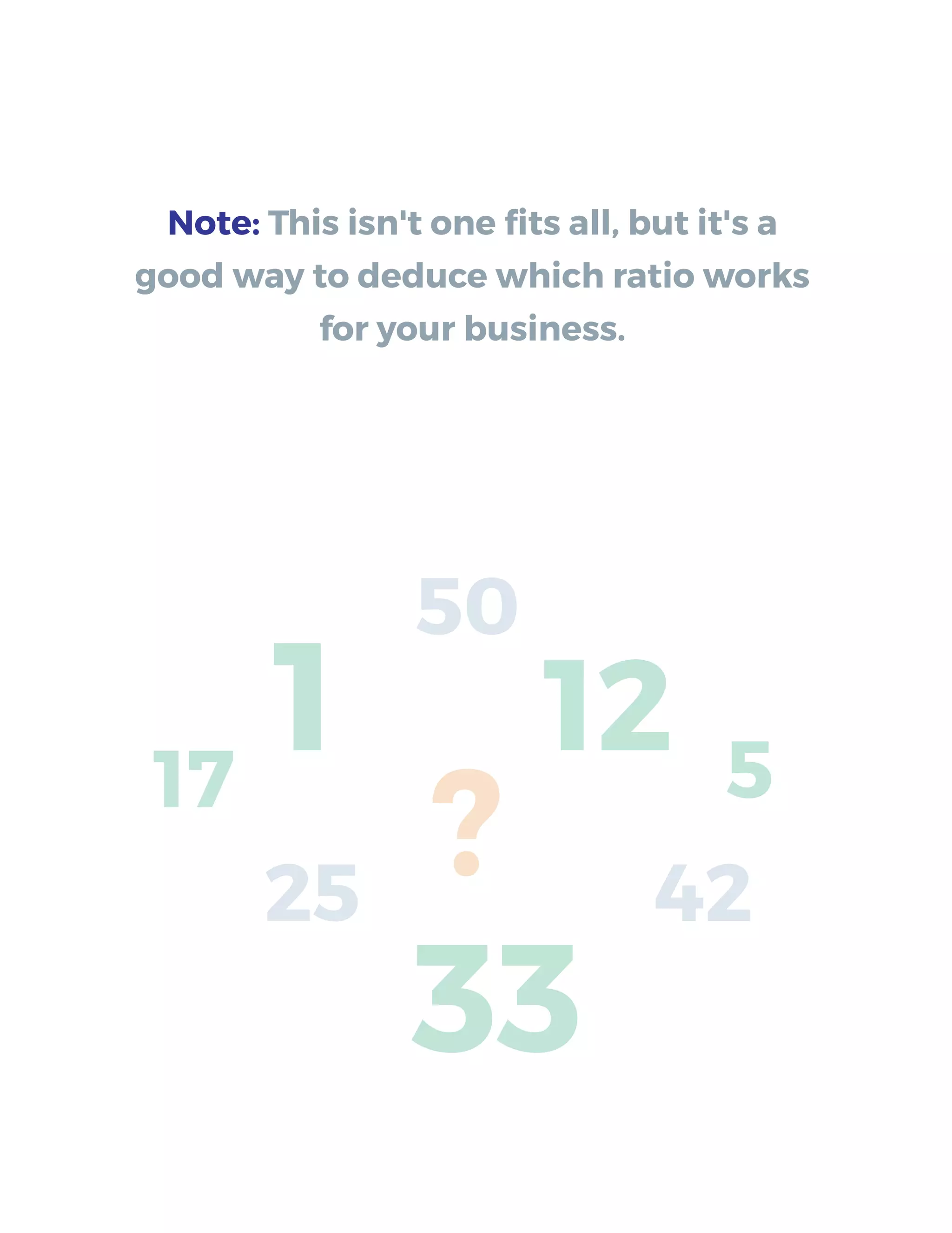 Note: This isn't one ﬁts all, but it's a
good way to deduce which ratio works
for your business.
1
25
50
33
5
12
42
?17
 