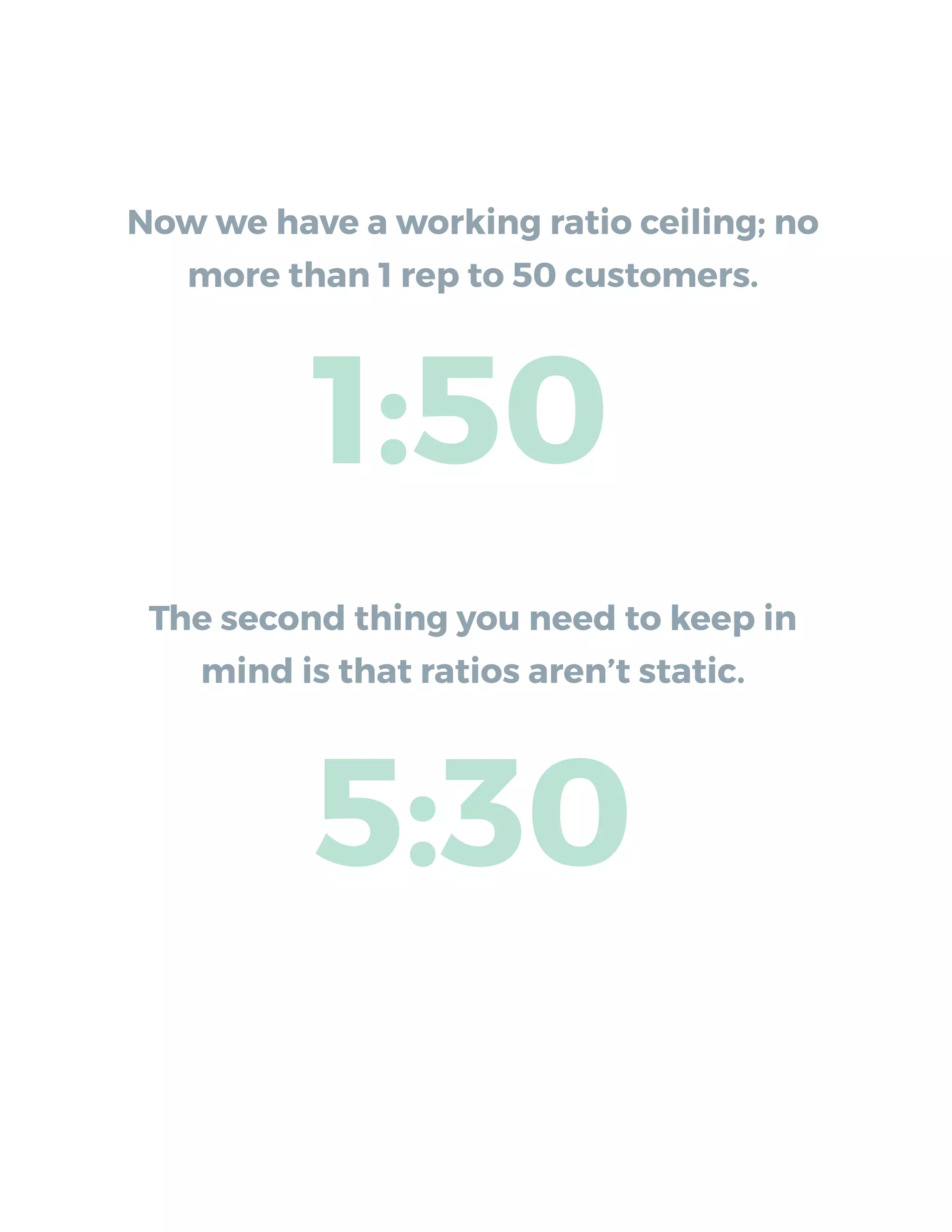 Now we have a working ratio ceiling; no
more than 1 rep to 50 customers.
The second thing you need to keep in
mind is that ratios aren’t static.
1:50
5:30
 