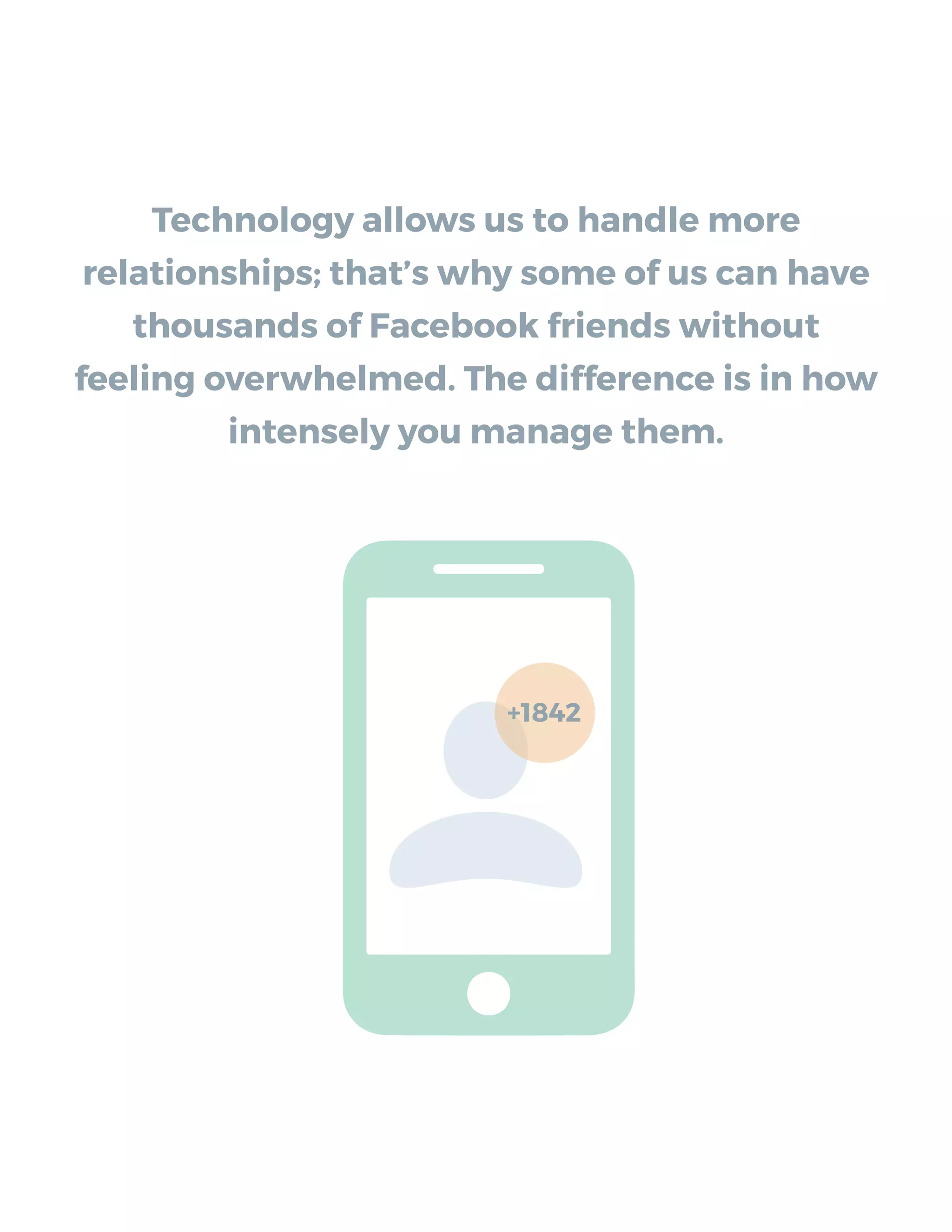 Technology allows us to handle more
relationships; that’s why some of us can have
thousands of Facebook friends without
feeling overwhelmed. The difference is in how
intensely you manage them.
+1842
 